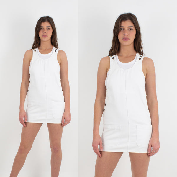 White Denim Pinafore Mini Dress - Size S