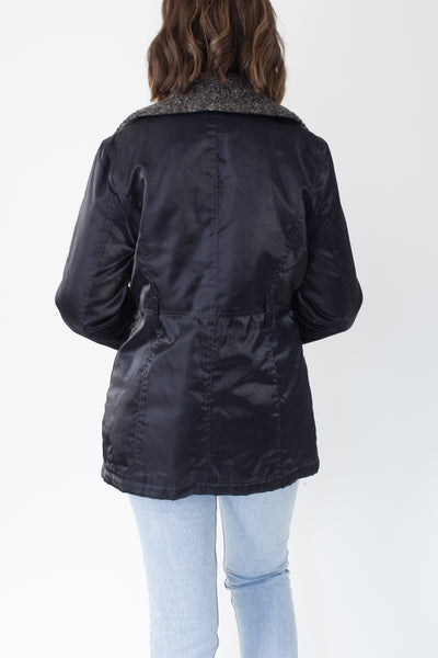 Y2K Black Metallic Sheen Jacket with Faux Fur Collar - Size XS/S/M