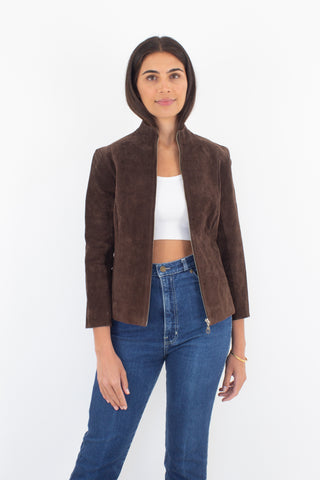 Y2K Chocolate Brown Suede Short Leather Jacket - Size XS/S