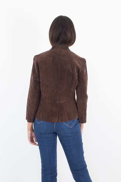 Y2K Chocolate Brown Suede Short Leather Jacket - Size XS/S