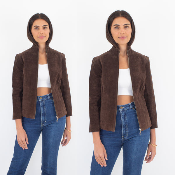 Y2K Chocolate Brown Suede Short Leather Jacket - Size XS/S