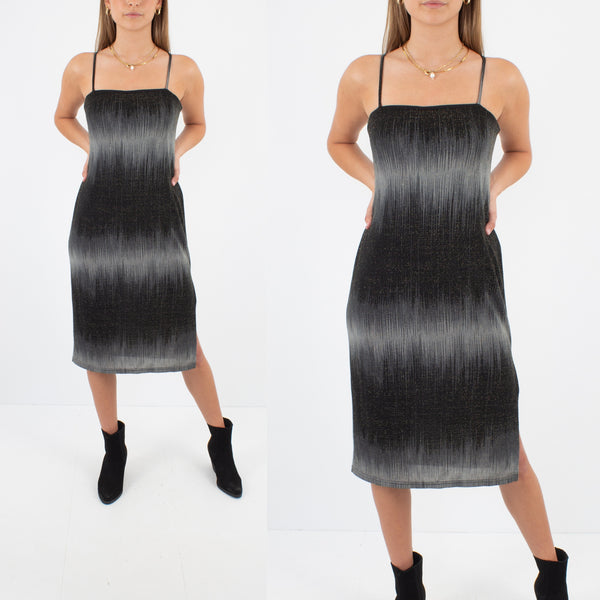 Y2K Black, Grey & Gold Lurex Stretch Midi Dress - Size S / M