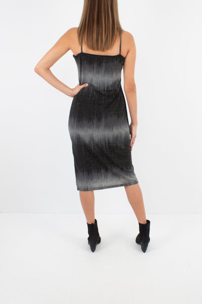 Y2K Black, Grey & Gold Lurex Stretch Midi Dress - Size S / M