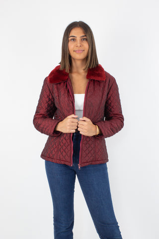 Y2K Maroon Metallic Quilted Jacket with Faux Fur Collar - Size S