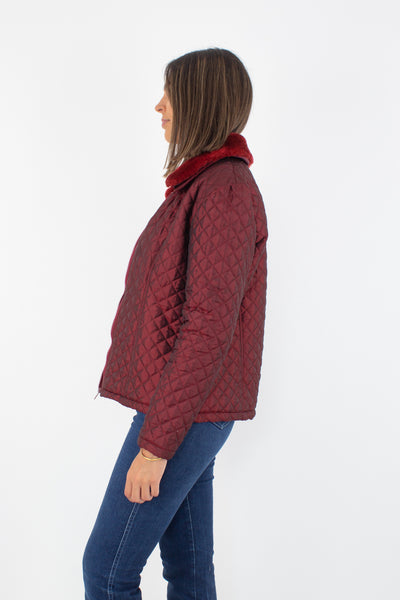 Y2K Maroon Metallic Quilted Jacket with Faux Fur Collar - Size S