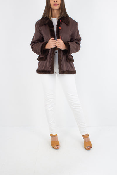 Y2K Shiny Brown Jacket with Faux Fur Trim - Size M/L