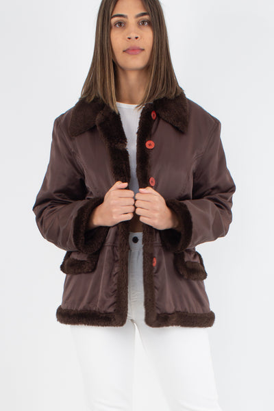 Y2K Shiny Brown Jacket with Faux Fur Trim - Size M/L