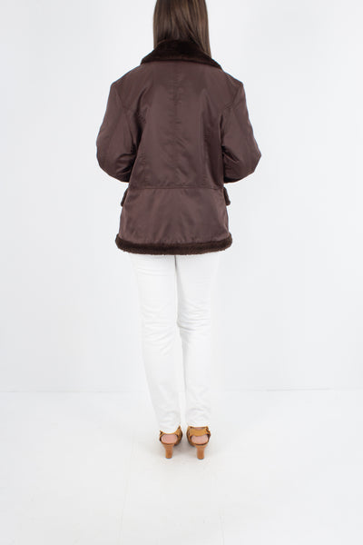 Y2K Shiny Brown Jacket with Faux Fur Trim - Size M/L