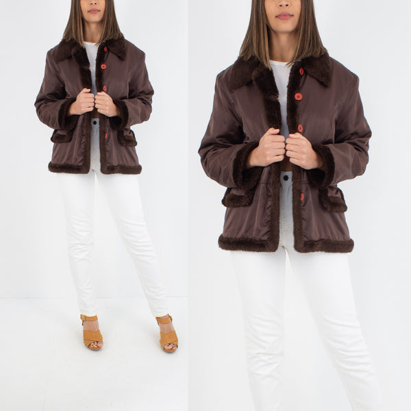 Y2K Shiny Brown Jacket with Faux Fur Trim - Size M/L