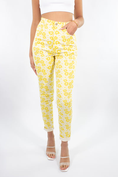 Yellow Stretch Jeans in Daisy Print - Size S / 26"