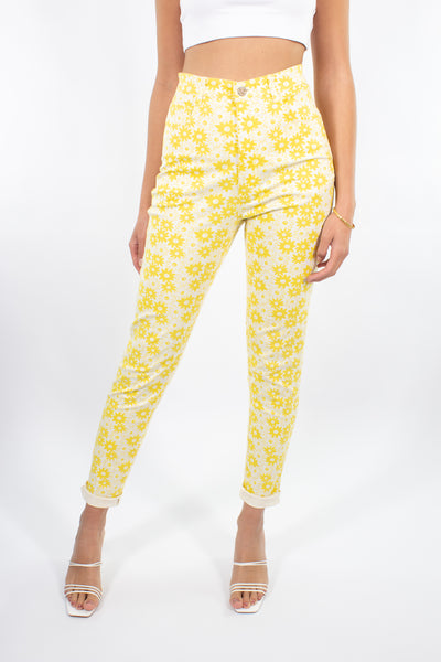 Yellow Stretch Jeans in Daisy Print - Size S / 26"