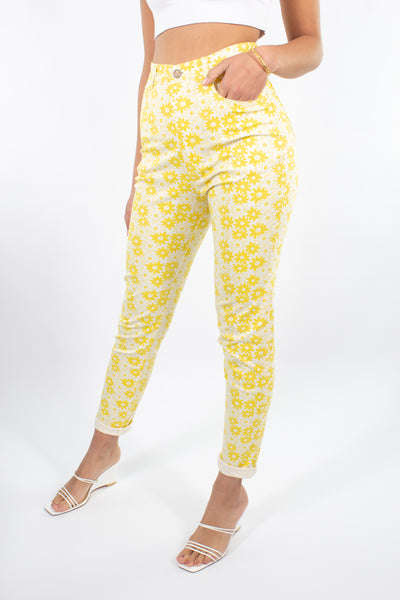 Yellow Stretch Jeans in Daisy Print - Size S / 26"