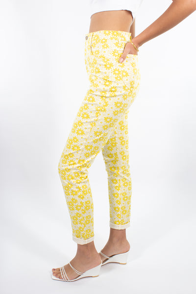 Yellow Stretch Jeans in Daisy Print - Size S / 26"