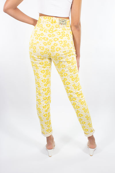 Yellow Stretch Jeans in Daisy Print - Size S / 26"