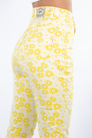 Yellow Stretch Jeans in Daisy Print - Size S / 26"
