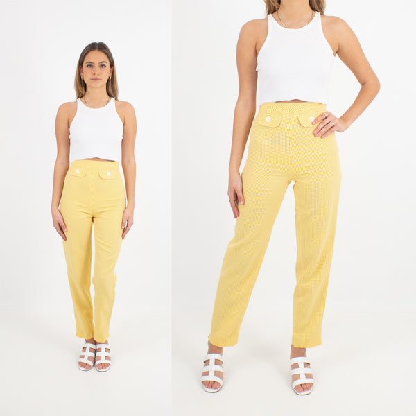 Yellow & White Gingham Check Pants - High Waist - 2 Sizes XS & M