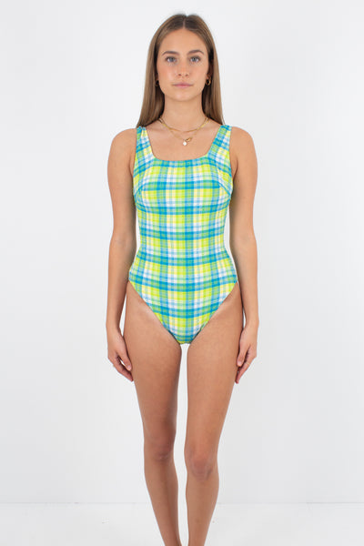 80s/90s Green & Yellow Plaid Check One Piece Swimsuit - Size XS & S